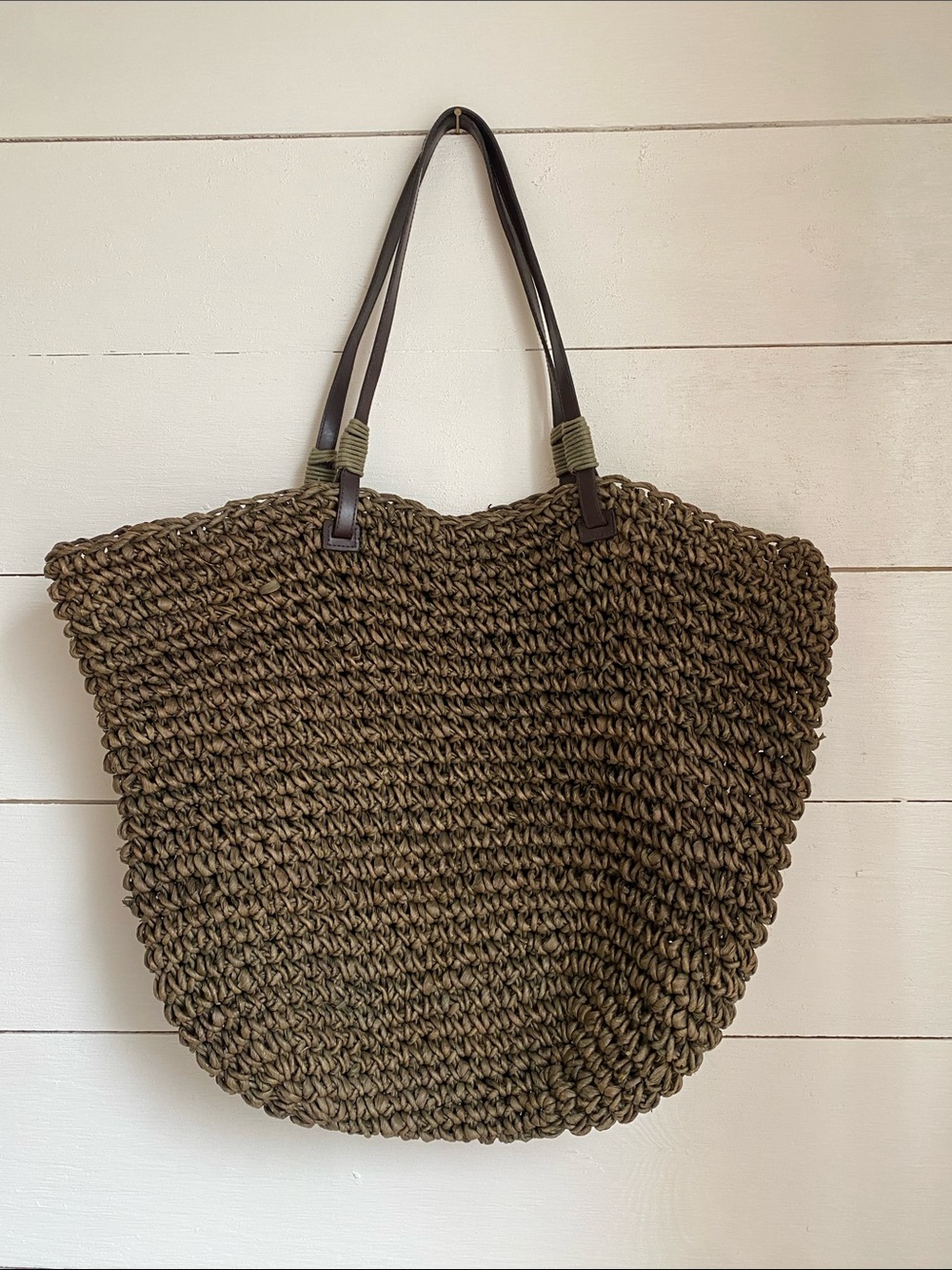 Old Navy Olive Woven Straw Tote with Dark Brown Straps